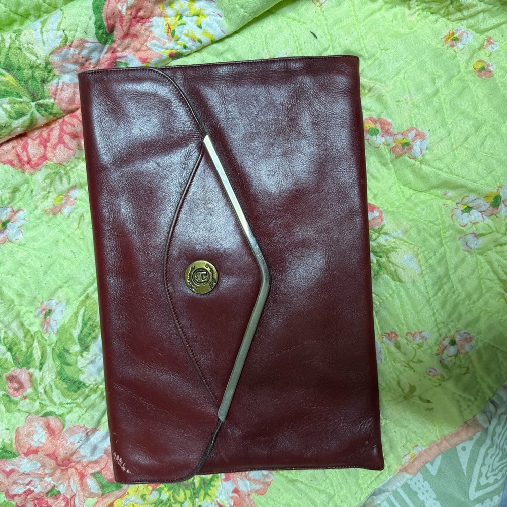 Burgundy Leather Clutch with Gold Accent